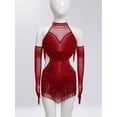 thumbnail image 2 of SiiRoh Girls Sparkly Fringe Jazz Latin Dance Leotard Ruched Mesh Drapes Cutout Bodysuit with Gloves Burgundy 8, 2 of 4