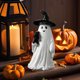 thumbnail image 1 of Adorno de resina de figuritas de fantasmas góticas de Halloween | Decoración colgante caprichosa con vela, sombrero de mago, temas flotantes | Coleccionable duradero para fiestas de interior, repisa, 1 of 5