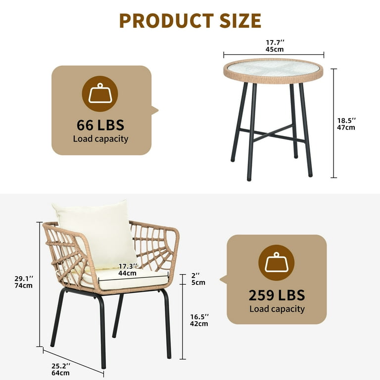 Free Shipping Dextrus 3 Piece Outdoor Patio Furniture Wicker Bistro Set With 2 Chairs and Coffee Table Cushions and Lumbar Pillows Beige Walmart