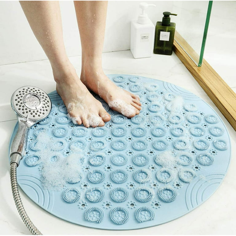 Textured Surface Round Non Slip Shower Mat Anti Slip Bath Mats with Drain  Hole in Middle for Shower Stall,Bathroom Floor,Showers 22 x 22 inches Blue