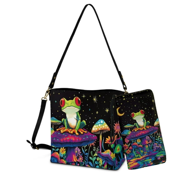 ZUXONGSY Frog Mushroom Moon Print Large 2 Pcs Bucket Bag Purse Set for Women, Waterproof Leather Crossbody Handbag with Wrist Wallet for Shopping Working