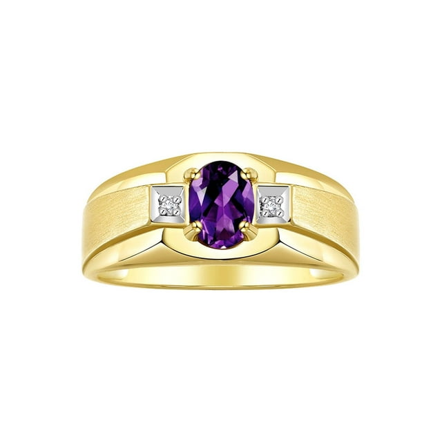 RYLOS Men's Rings 14K Yellow Gold Classic 7X5MM Oval Gemstone & Diamond Ring Amethyst February Birthstone Rings For Men, Gold Rings Size 13