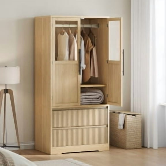 Home Bedroom Wooden Armoire Wardrobe Closet, Freestanding Large Wardrobe Armoire Cabinet with Glass Doors and 2 Drawers, Shelves & Hanging Rod for Bedroom, Clothes