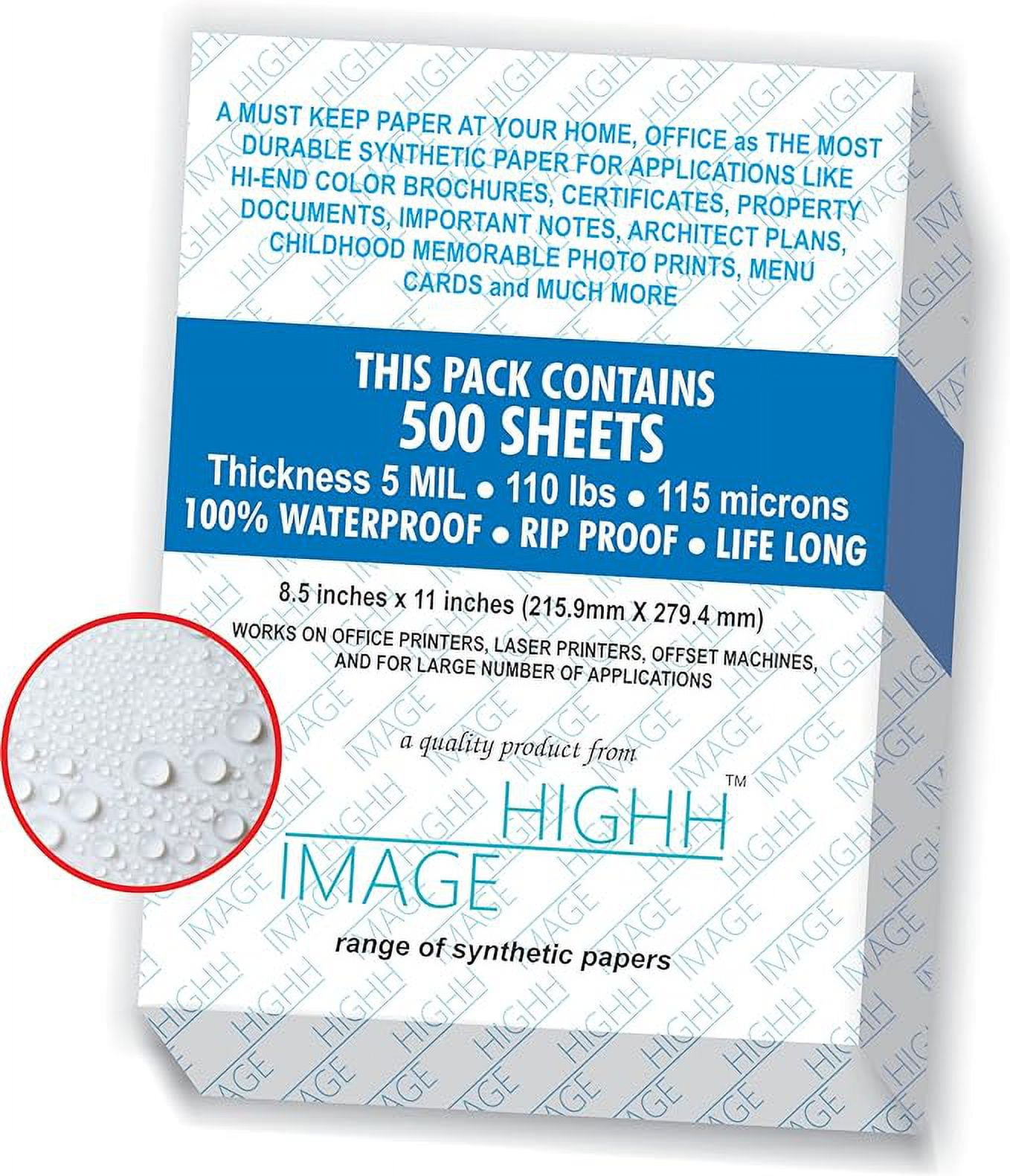 WATERPROOF PAPER  500 Sheets Bulk pack, SYNTHETIC PAPER Thickness 5 MIL 110 LB, 8.5X11 from HIGHH IMAGE  Print with Laser Printer
