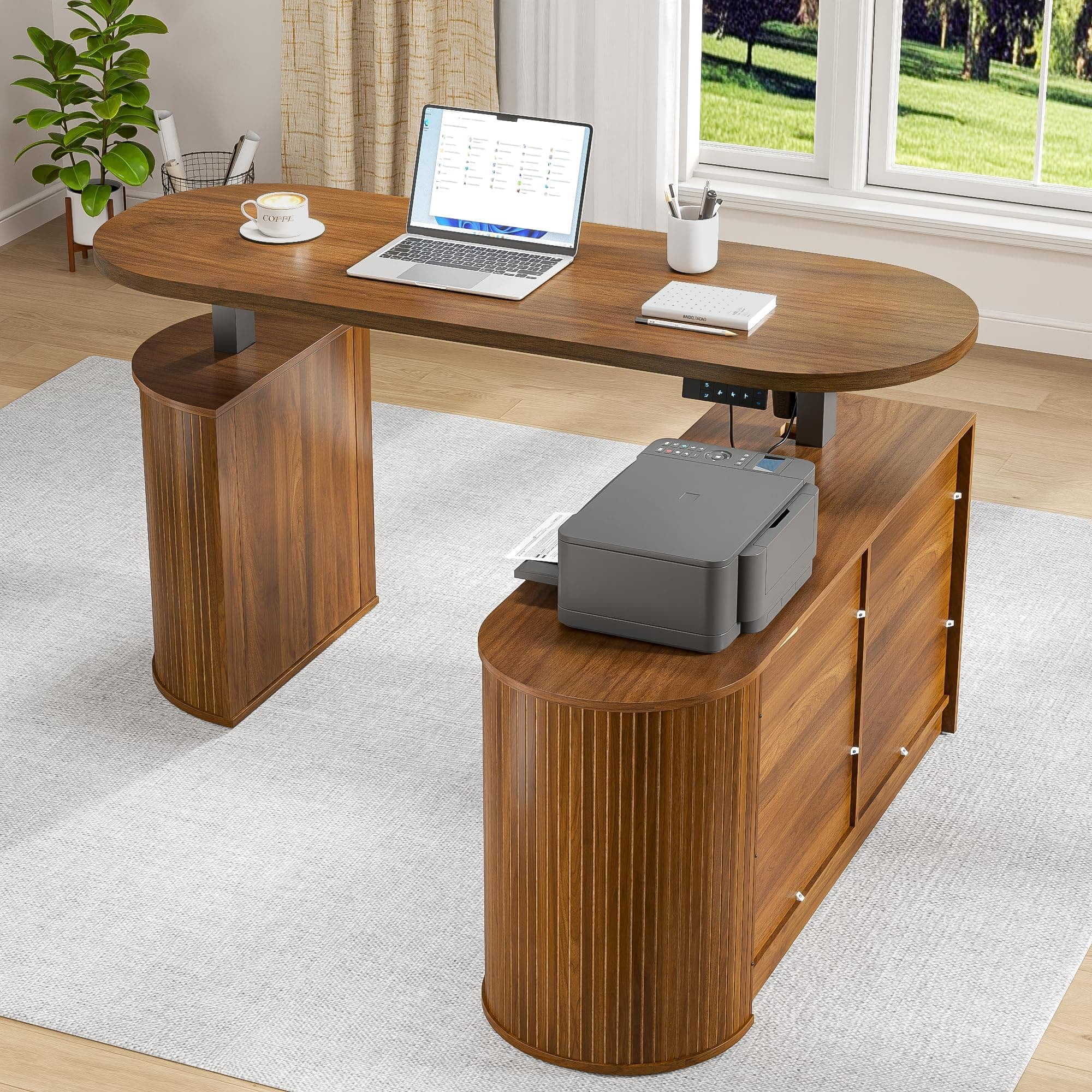 Electric L Shaped Standing Desk, 59" Mid Century Adjustable Height Desk with Drawer & 2 Cabinets