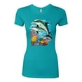 thumbnail image 2 of Pair of Dolphins Swimming in Ocean Animal Lover Womens Slim Fit Junior Tee, Tahiti Blue, Small, 2 of 3