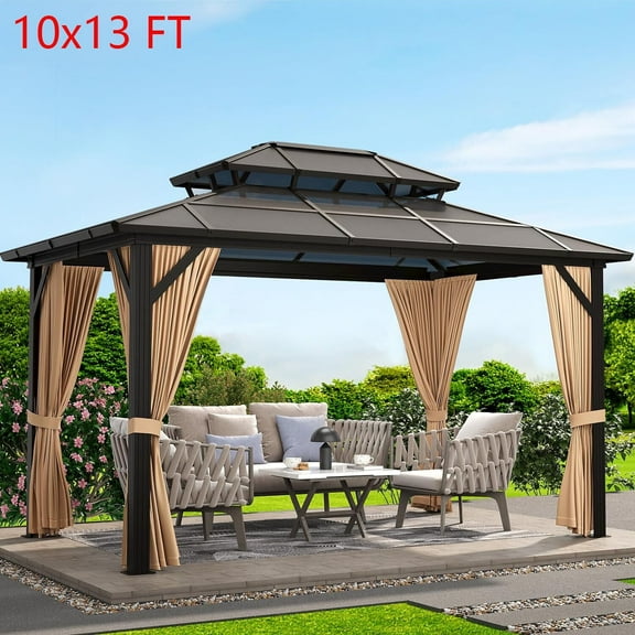 Emorefun 10x13 FT Hardtop Gazebo Outdoor Double Roof Canopy with Curtains & Netting Brown
