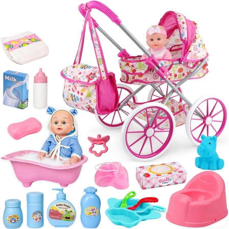 Aijohnny Baby Doll Stroller Set Toys with Bathtub,12" Doll and Doll Accessories, Baby Stroller Toys for 2 3 4 Year Old Girls Birthday Gifts