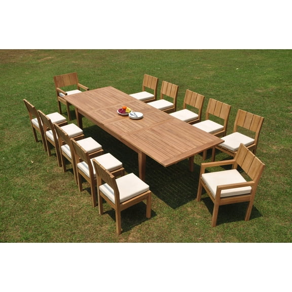 Grade-A Teak Dining Set: 12 Seater 13 Pc: 122" Atnas Double Extension Rectangle Table And 12 Veranda Chairs (2 Arm & 10 Armless Chairs) WholesaleTeak #WMVR19