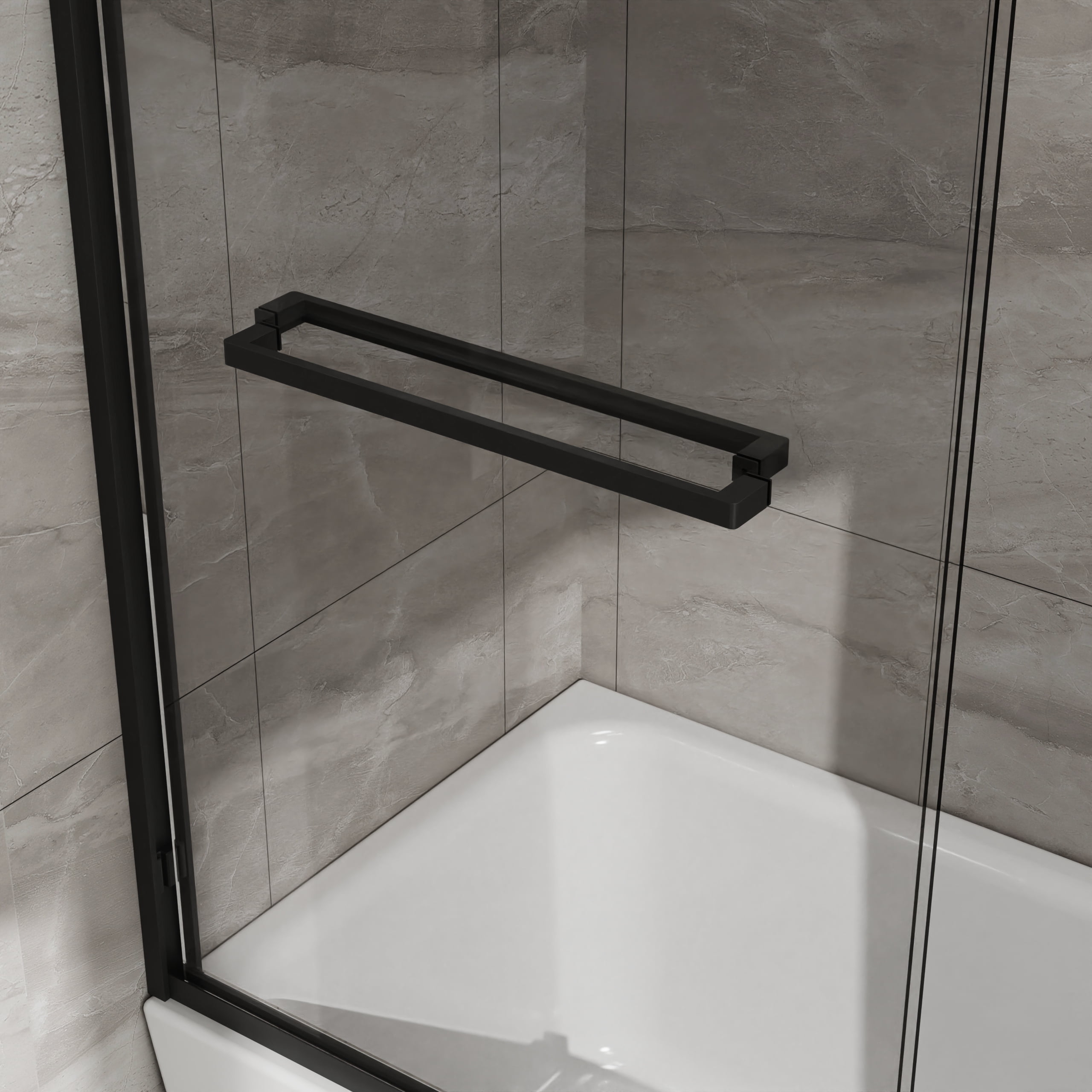 Leumius Double Sliding Bathtub Shower Door 60 in. W x 58 in. H Aluminum Framed Shower Enclosure for Tub with SGCC Clear Tempered Glass, Stainless Steel Hardware, Matte Black