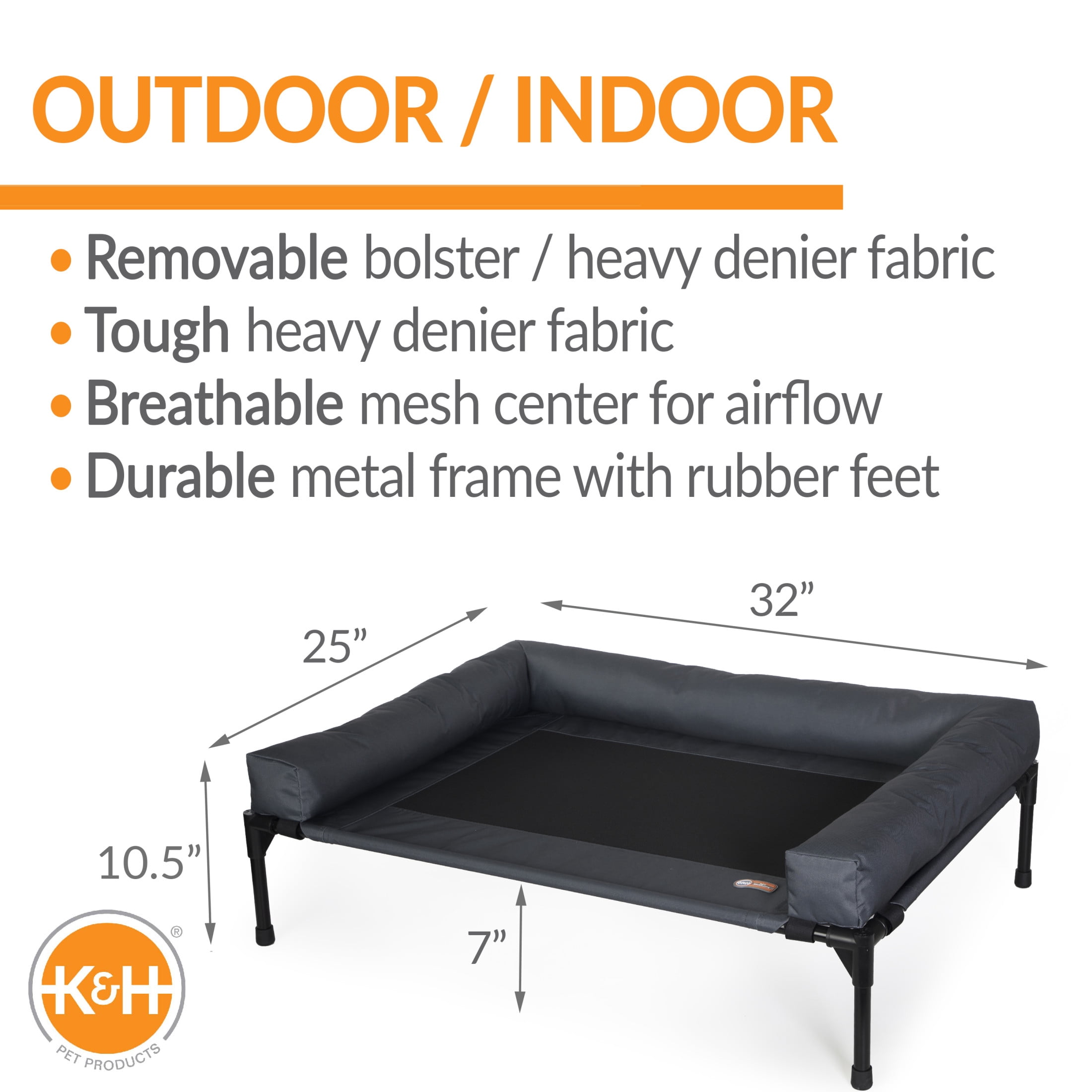 K&H Pet Products Original Bolster Pet Cot Elevated Pet Bed Charcoal/Black Mesh Medium 32 X 25 X 7 Inches
