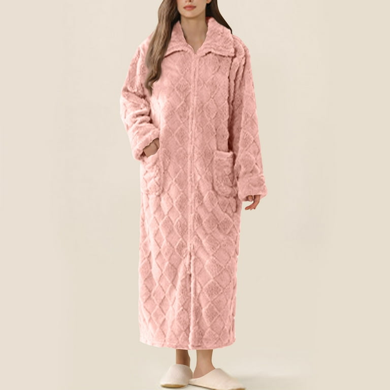 winter dressing gown zip front Fewfanhot Formal Dresses for Women Warm Plush Winter Robe, Zip up Long  Fleece Bath Robes Female, Zipper Bathrobes for Women