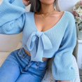 thumbnail image 4 of Women Long Sleeve Crop Front Bowknot Ribbed Knit Pullover Sweaters Fall Winter V Neck Crop Tops Pullover Blue S, 4 of 8