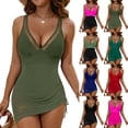 thumbnail image 4 of Minjewel Women's Color One-Piece Swimsuit, Slim Fit Mesh Drawstring Tummy Control Bathing Suit, Summer Beachwear Swim Dress Style,Green,L, 4 of 5