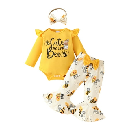 

Baby Girls 3Pcs Fall Outfits Bee Print Romper + Pants + Headband