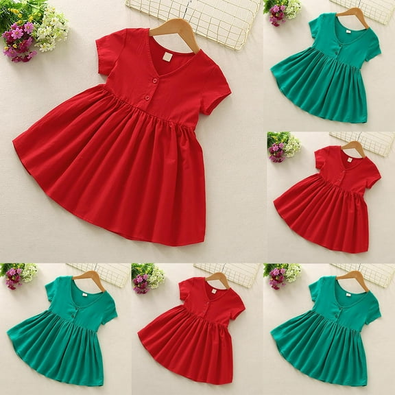 Ahuyic Little Girl Dresses,Kids Summer Casual Dresses,3-8years Girls' Casual Solid Color Large Skirt Button Back Bow Short Sleeved V-neck Dress