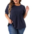 thumbnail image 2 of Agnes Orinda Plus Size Tops for Women Puff Short Sleeve Tops Crew Neck Pleated Shirts Tunic Blouses 2X Navy Blue, 2 of 5