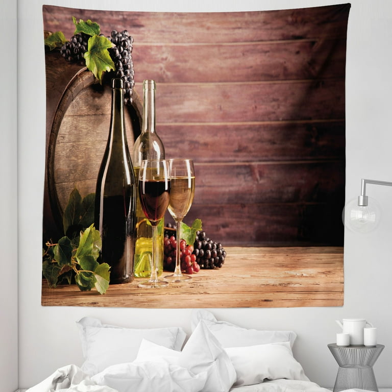 Wine Tapestry Still Life of Wine with Wooden Keg Rustic Concept Tasting Viticulture Fabric Wall Hanging Decor for Bedroom Living Room Dorm 5 Sizes