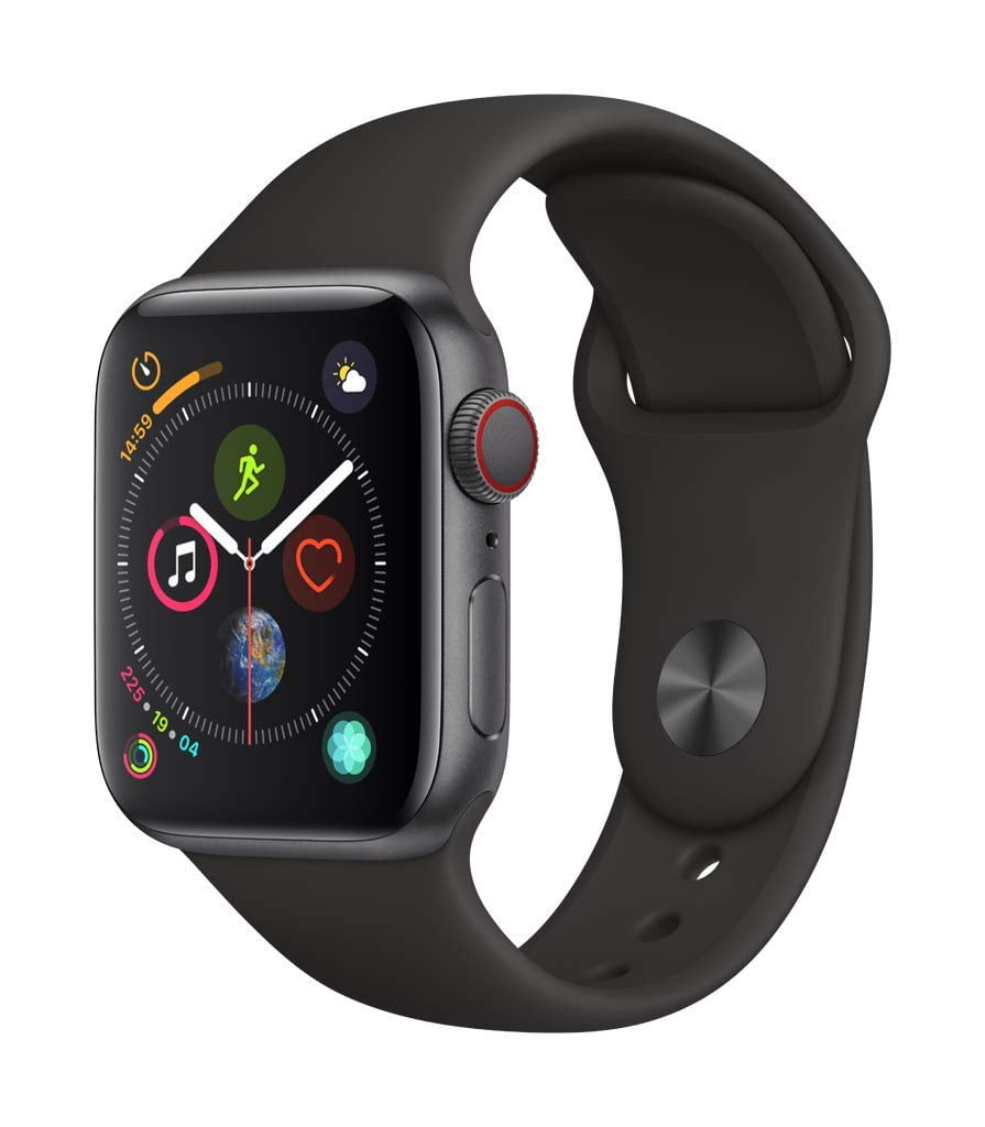 Restored Apple Watch Series 4 (GPS, 40 mm) Space Gray Aluminum Case with Black Sport Band Bundle 5 Bonus Bands, Charging Stand, Screen Protector, & 2 amp charger (Refurbished)