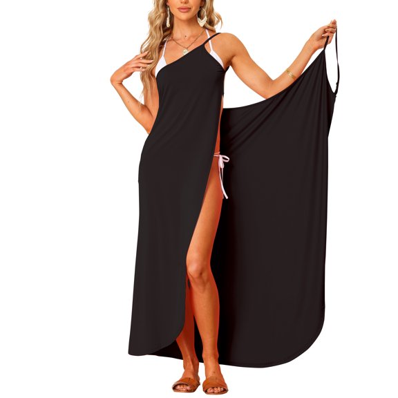 INSPIRE CHIC Women's Cover Ups Adjustable Strap Backless Wrap Maxi Dress S Black