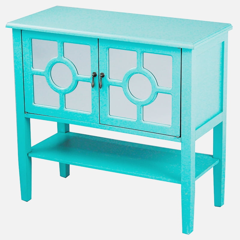 30 Turquoise Wood Mirrored Glass, Console Table With Mirrored Glass Doors