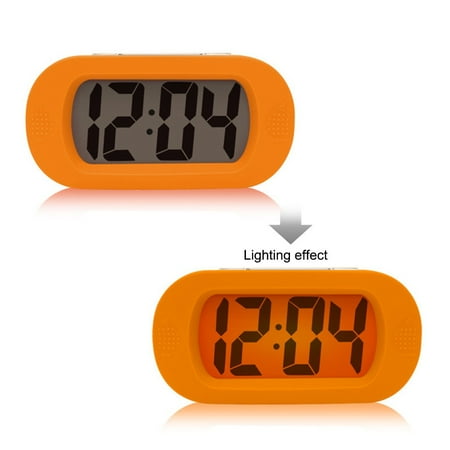 Digital Alarm Clock with Large LCD Display, Snooze Function and Gentle Ascending Alarm Sound, Compact Travel Size with Night Light and Shock-Proof Silicone Cover, Battery Powered, Blue(Orange)