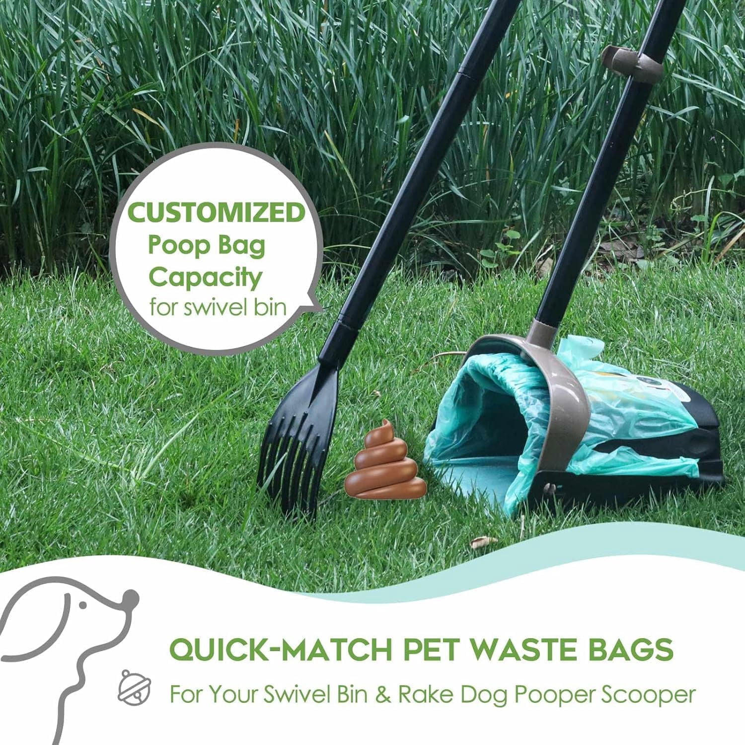 Dog Poop Bags, EZ Tie Handles for A&H Swivel Bin Waste Bags, Rake Dog Pooper Scooper Bag Refill,Leakproof Large Opening and Unscented,100 Count Refill Bags