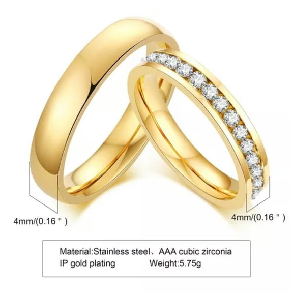 316L Stainless Steel Band Rings Men's/Women's 4mm Gold Cz Couple Rings Size 6-12