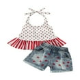 thumbnail image 1 of POINTERTECK 2 Pcs Infant Independence Day Outfits Girls Tie-up Ruffled Halter Tops Ripped Jeans Summer Clothing Sets, 1 of 6