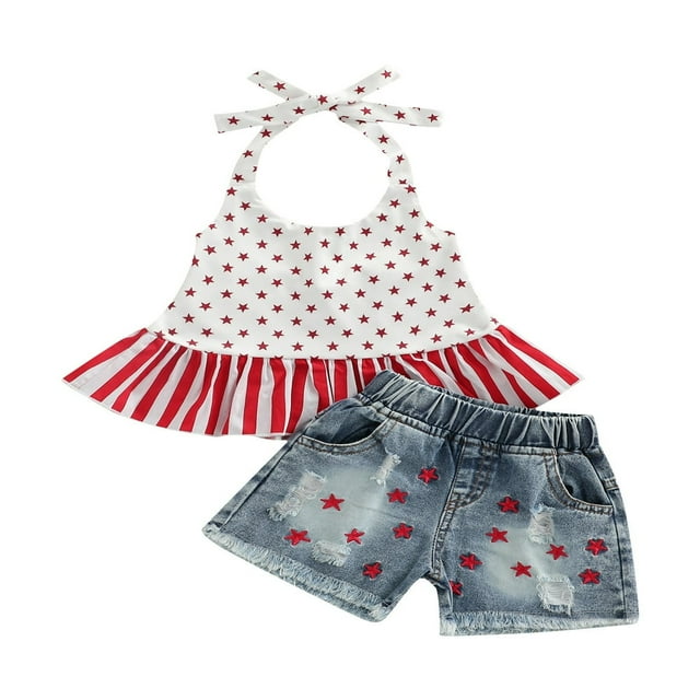 POINTERTECK 2 Pcs Infant Independence Day Outfits Girls Tie-up Ruffled Halter Tops Ripped Jeans Summer Clothing Sets