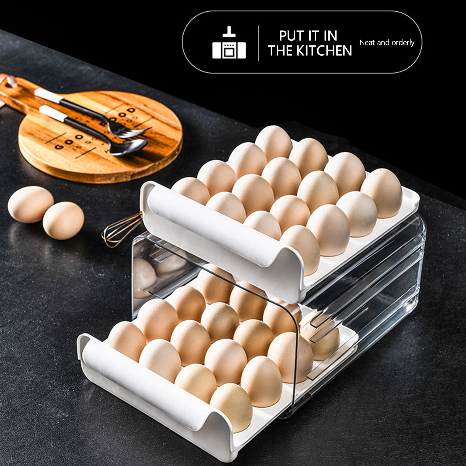 Deeceymbur Stackable Eggs Holder for Fridge Refrigerator Eggs Storage Drawer-Type Eggs Storage Box Eggs Organizer Kitchen Thickened Large-Capacity Eggs Tray