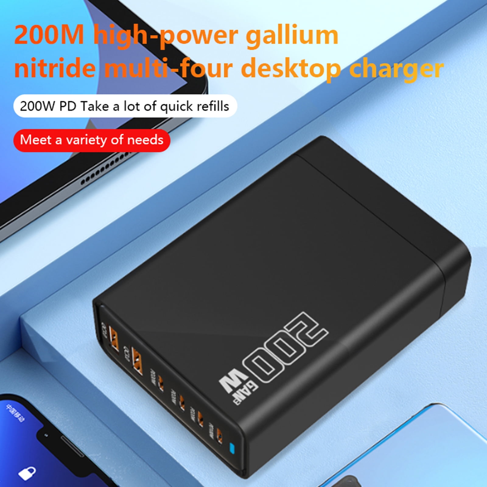 200W GaN 6-Port USB C Charging Station Hub with Holder, Fast Charger Block for MacBook Pro/Air, Dell, iPad, iPhone, Samsung Galaxy