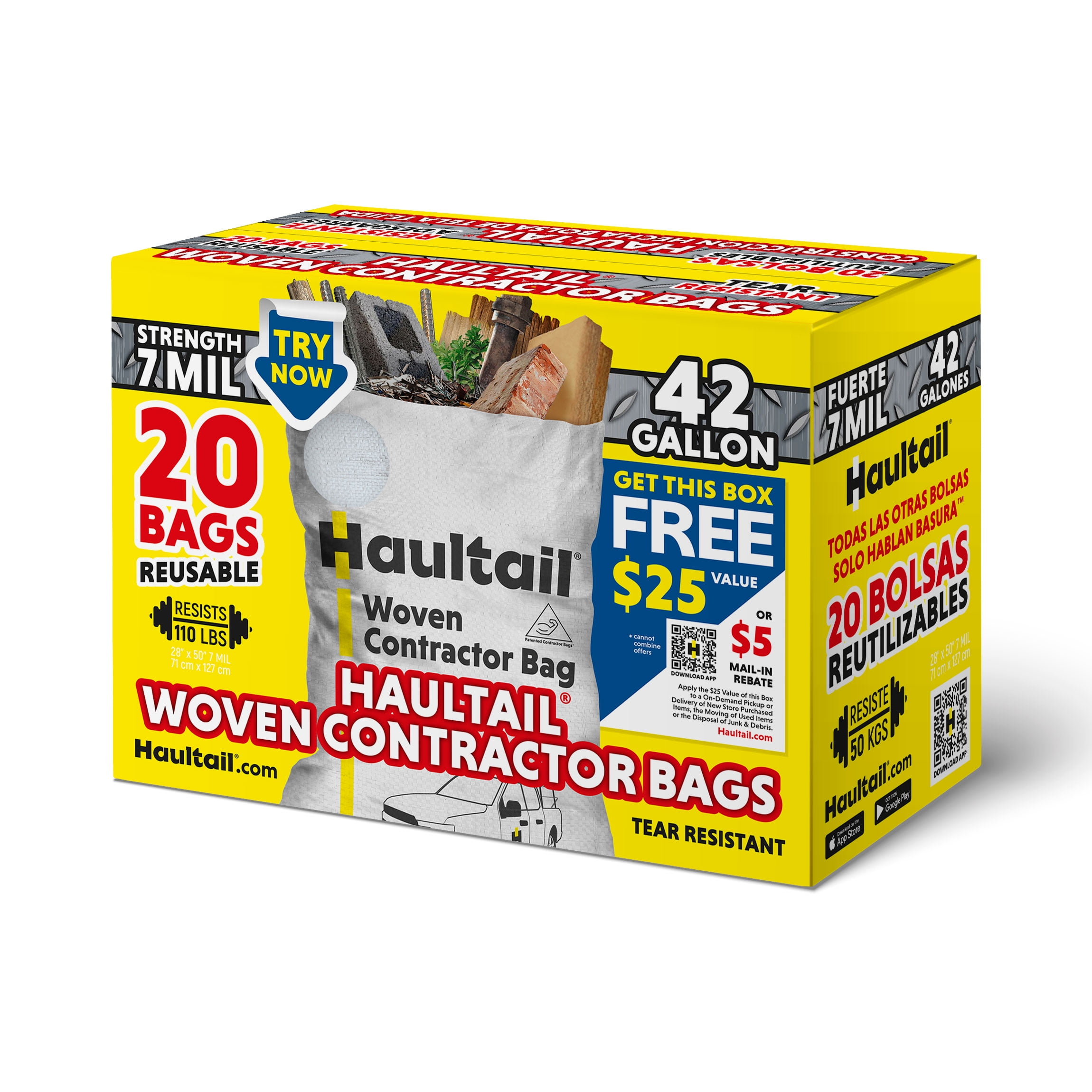 Haultail Woven Contractor Trash Bags 42gal 20 Count per Pack White Reusable