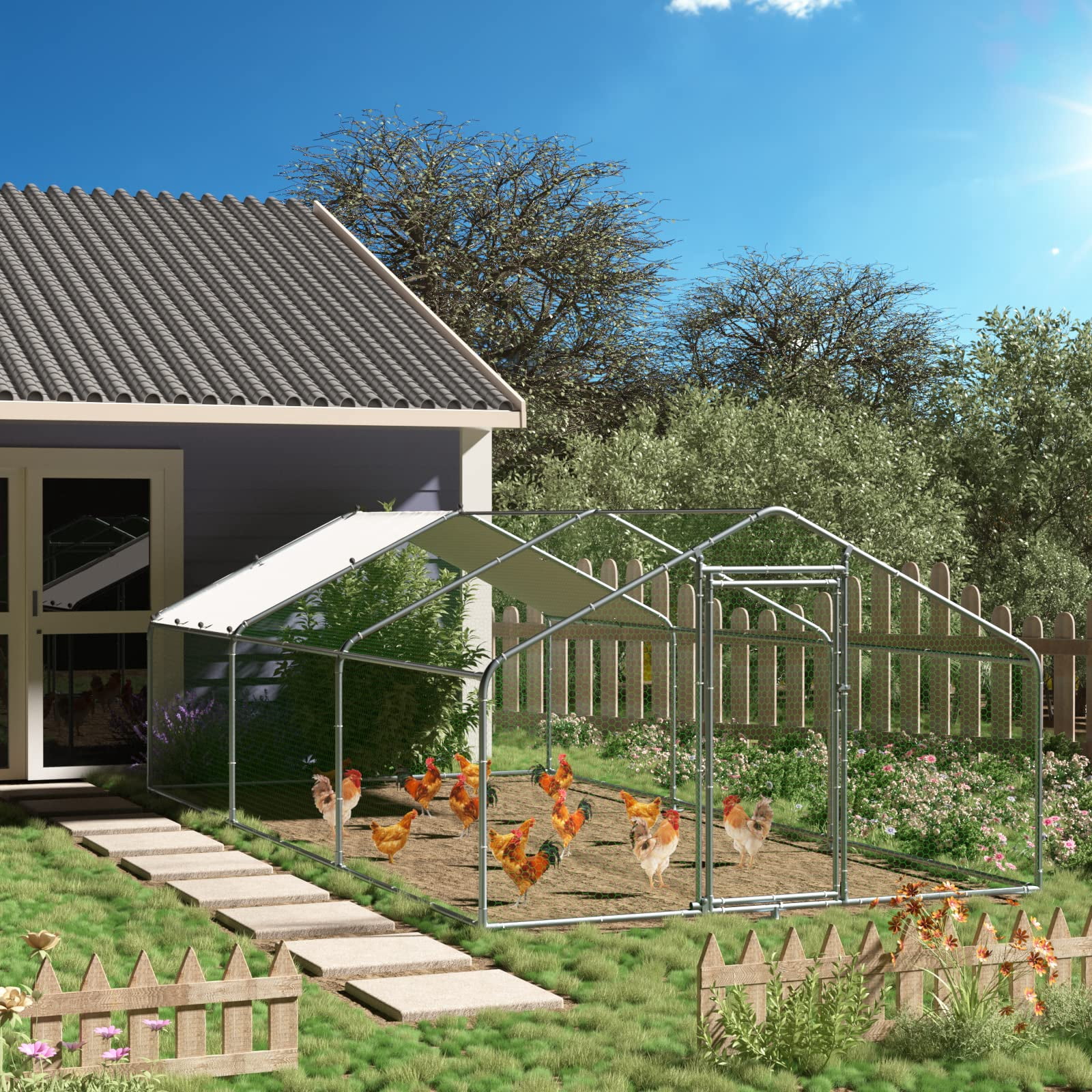 Large Metal Chicken Coop Walk-in Poultry Cage Hen Run House Duck House Rabbits Habitat Cage Spire Shaped Coop with Waterproof and Anti-Ultraviolet Cover for Outdoor Backyard Farm Use