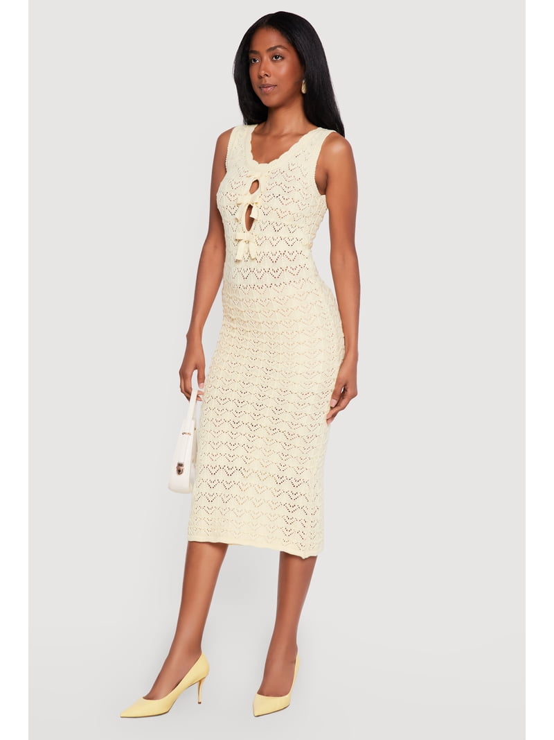 crochet knee length dress HATCH Collection The Elodie Crochet Dress in Vanilla with Black Trim