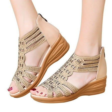 

f21 Women Sandals Summer Fish Mouth Hollow Back Zipper Casual Shoes Wedge Sandals for Women Size 5.5 Beige Wide