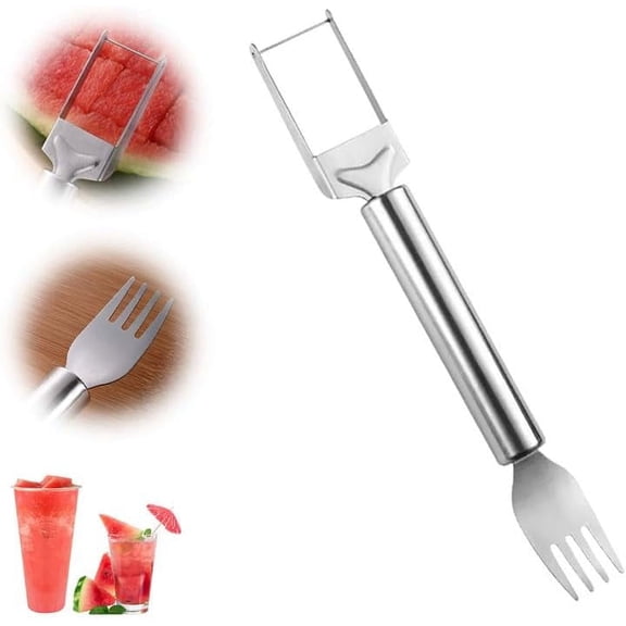 2-in-1 Stainless Steel Fruit Cutter, 2024 New Upgrade Watermelon Fork Cutter Slicer, Watermelon Cube Cutter Tool, Dual Head Fruit Forks Knife