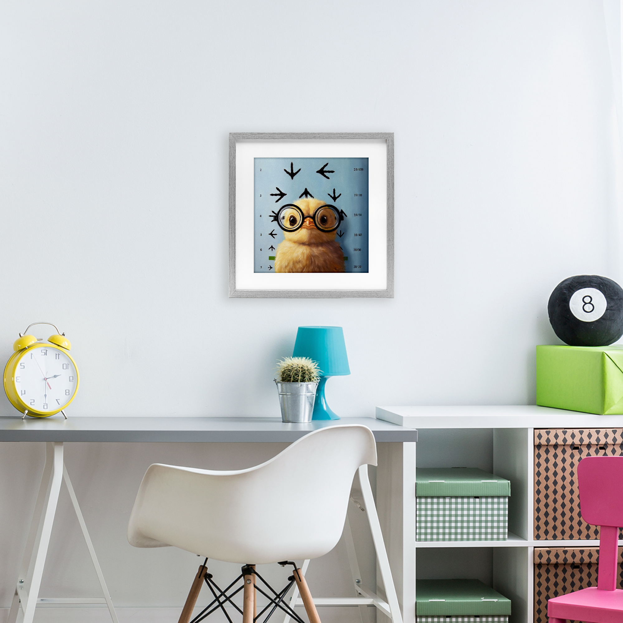 Four Eyes Chick Vision Gray Framed Print Under Glass, design by Lucia Heffernan