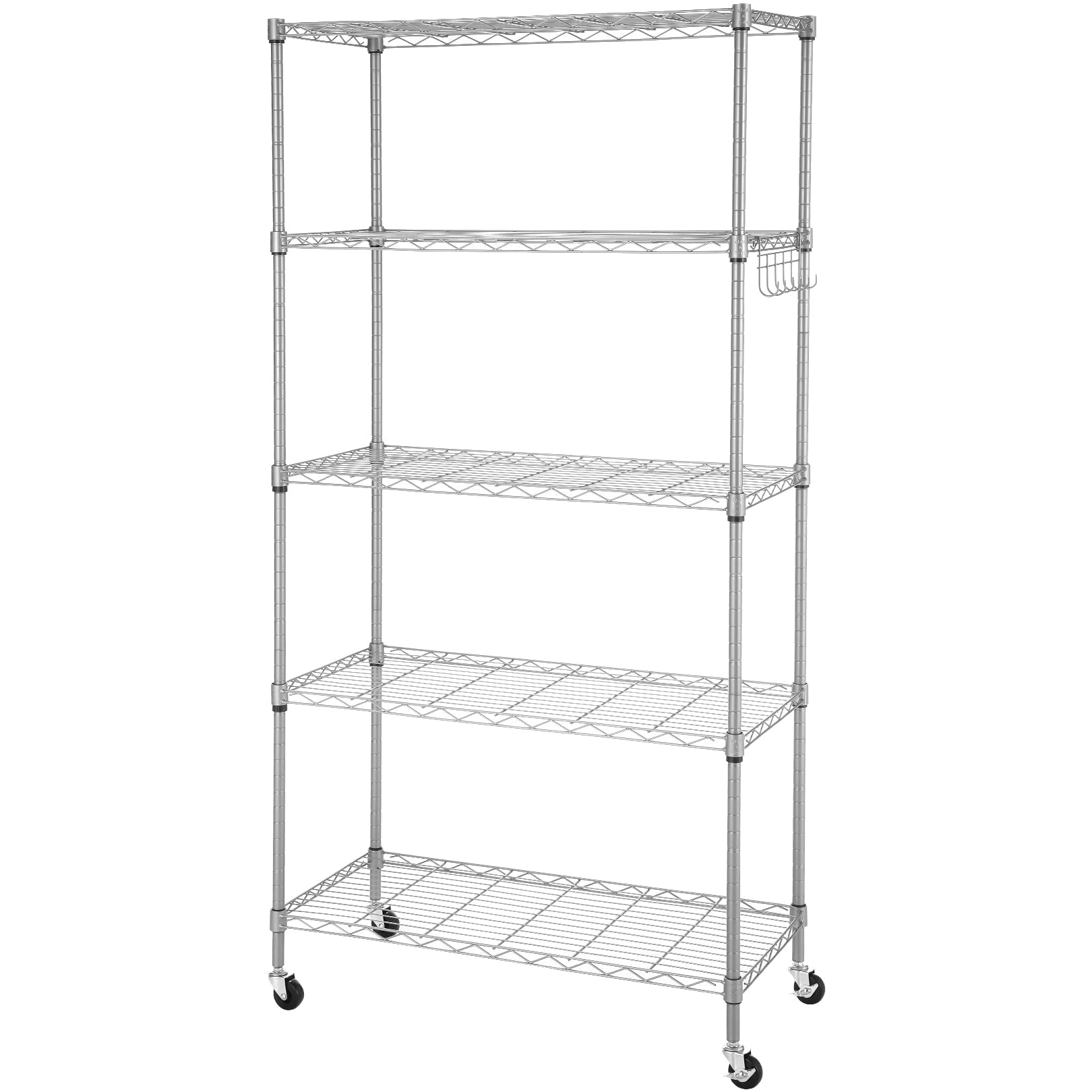 Sailvan 5-Tier Heavy Duty Metal Shelving Unit with Wheels, 900LBS Adjustable Wire Storage Rack for Garage, Pantry & Kitchen,Silver