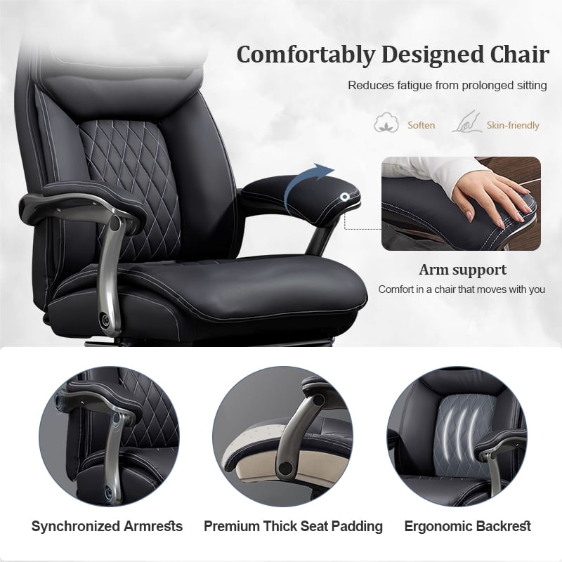 XUEGW Wide Seat Big and Tall Executive Office Chair, 600 lbs Heavy-Duty Ergonomic Desk Chair with Lumbar Support & Headrest, Luxury Leather Chair with Leg Rest, Black