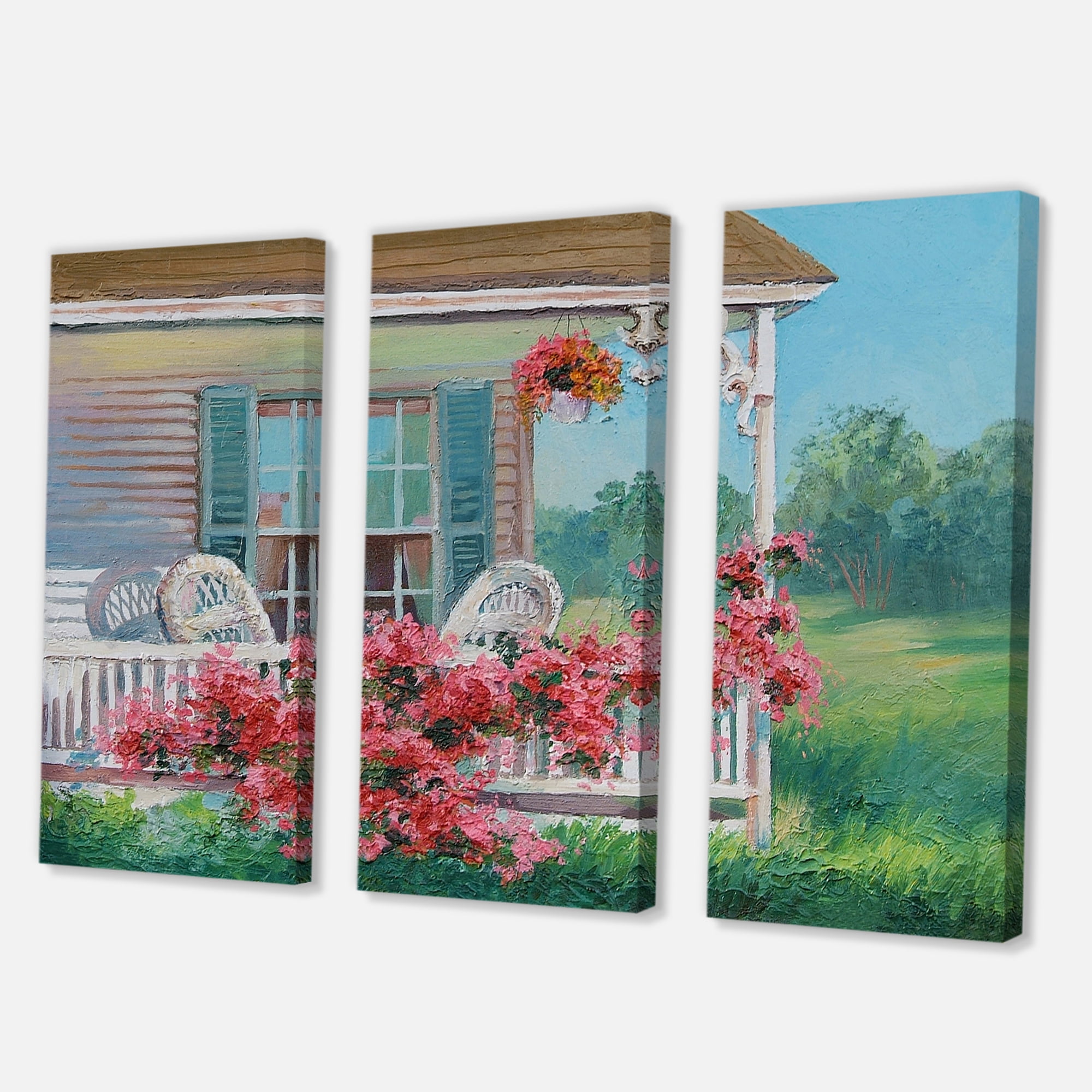 Designart ' Patio & Blossiming Red Flowers With Wooden House ' Traditional Canvas Wall Art Print