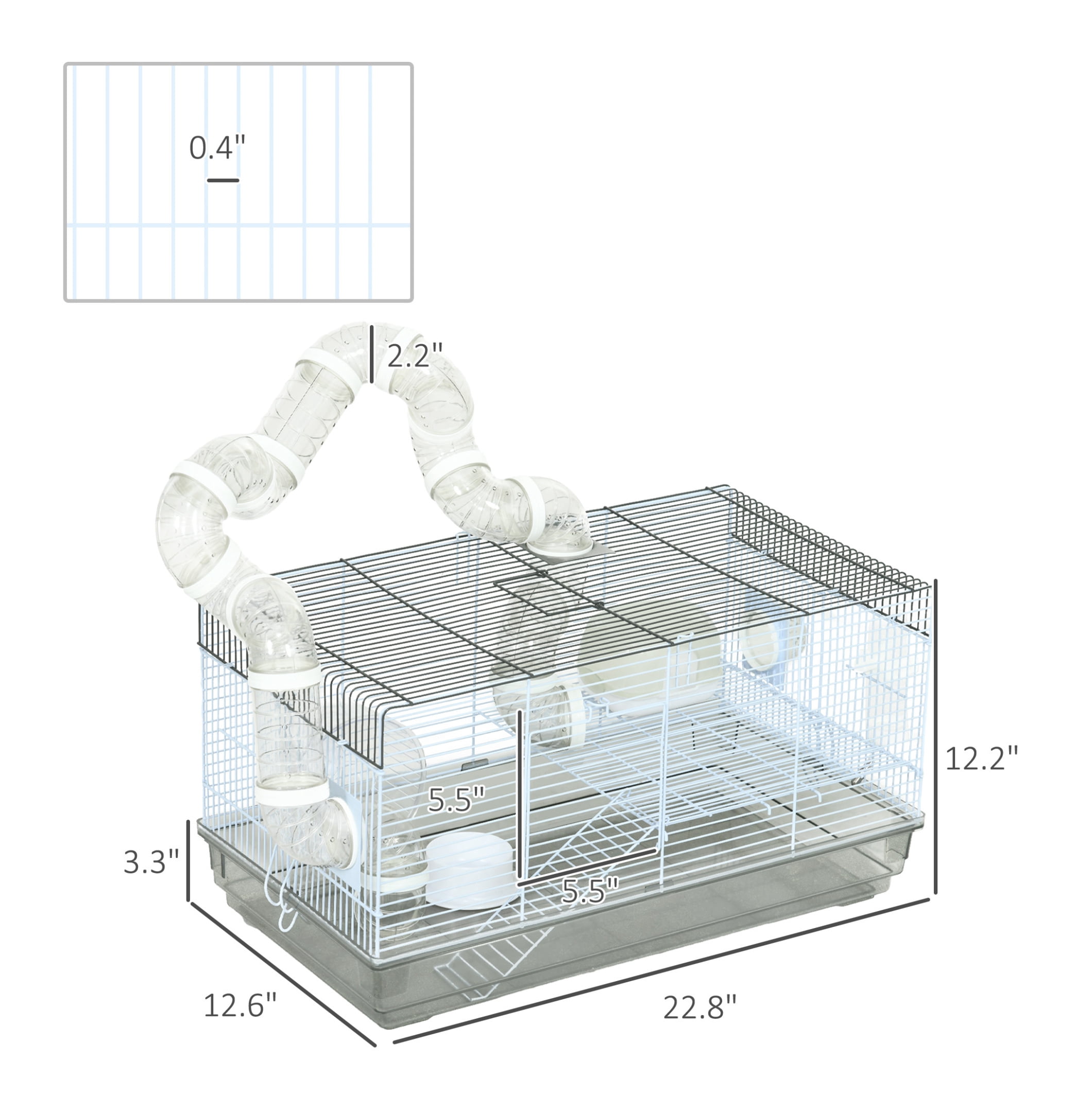 Hamster Cage for Dwarf Hamsters & Gerbils with Tubes & Wheel - 23x13x12 Inch Gray Small Animal Habitat
