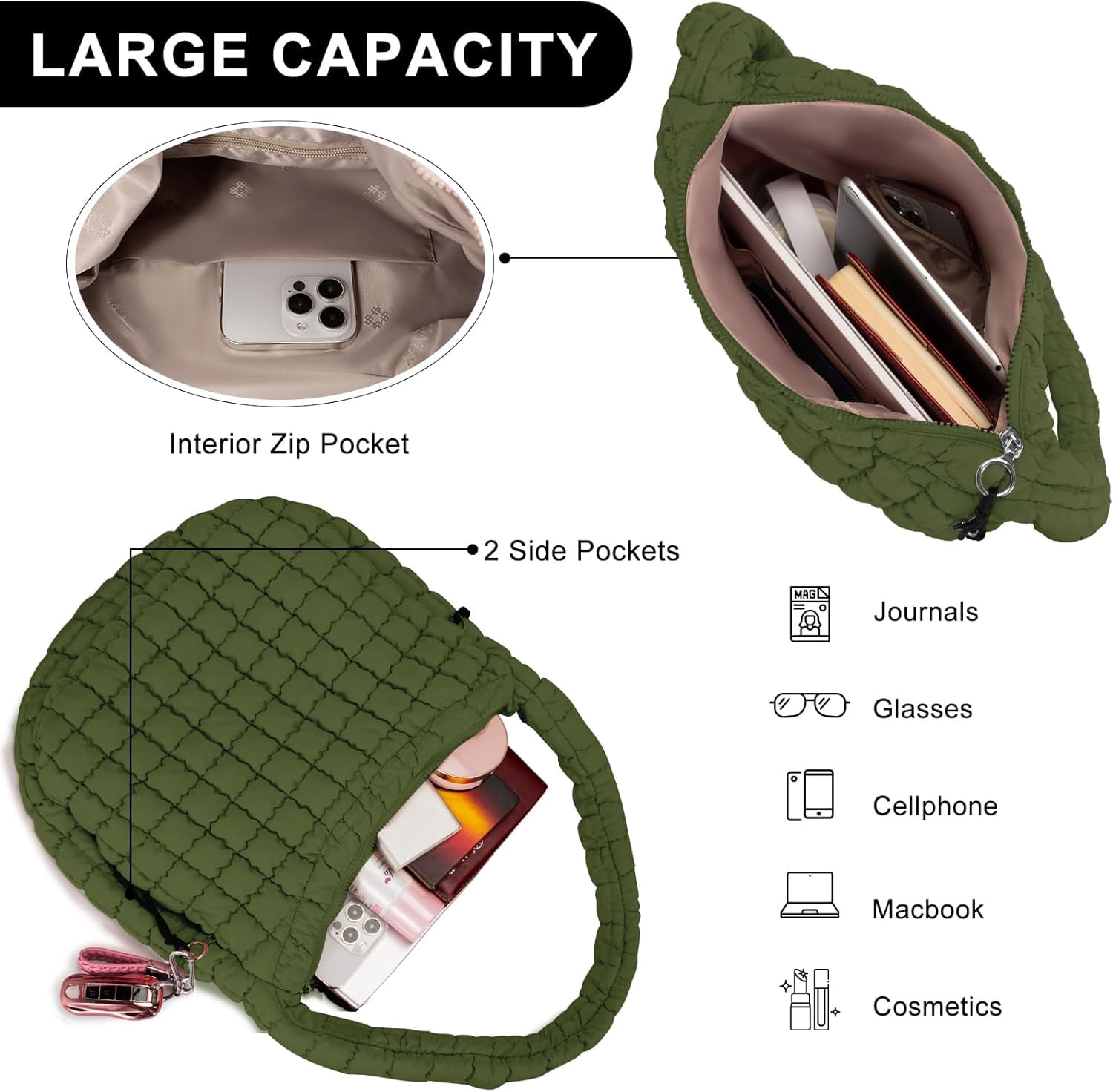 Kwuty Puffer Tote Bag for Women Large Quilted Puffy Lightweight Carryall Crossbody Tote Bag for Women