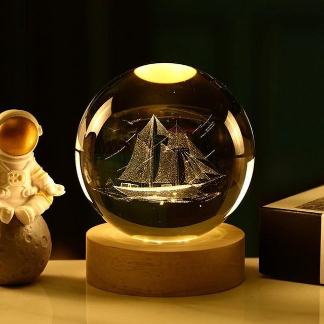 InnotechSC Velas 3D Barco en Bola de Cristal 60mm Esfera de Vidrio Grabada con Láser Decoración Del Hogar con Base de Luz de Madera