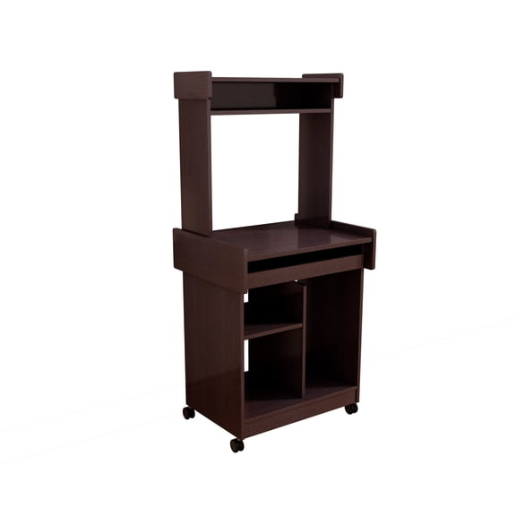 Youmumeub Microwave Cart on Wheels, Kitchen Storage Cart with Hutch, Coffee Bar Station with Gliding Shelf, Engineered Wood Workstation, Espresso