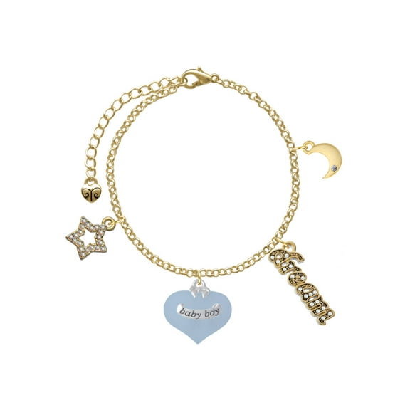Delight Jewelry Baby Boy Blue Heart with Baby Feet Goldtone Dream Big Charm Bracelet, 7.5 2" Extender