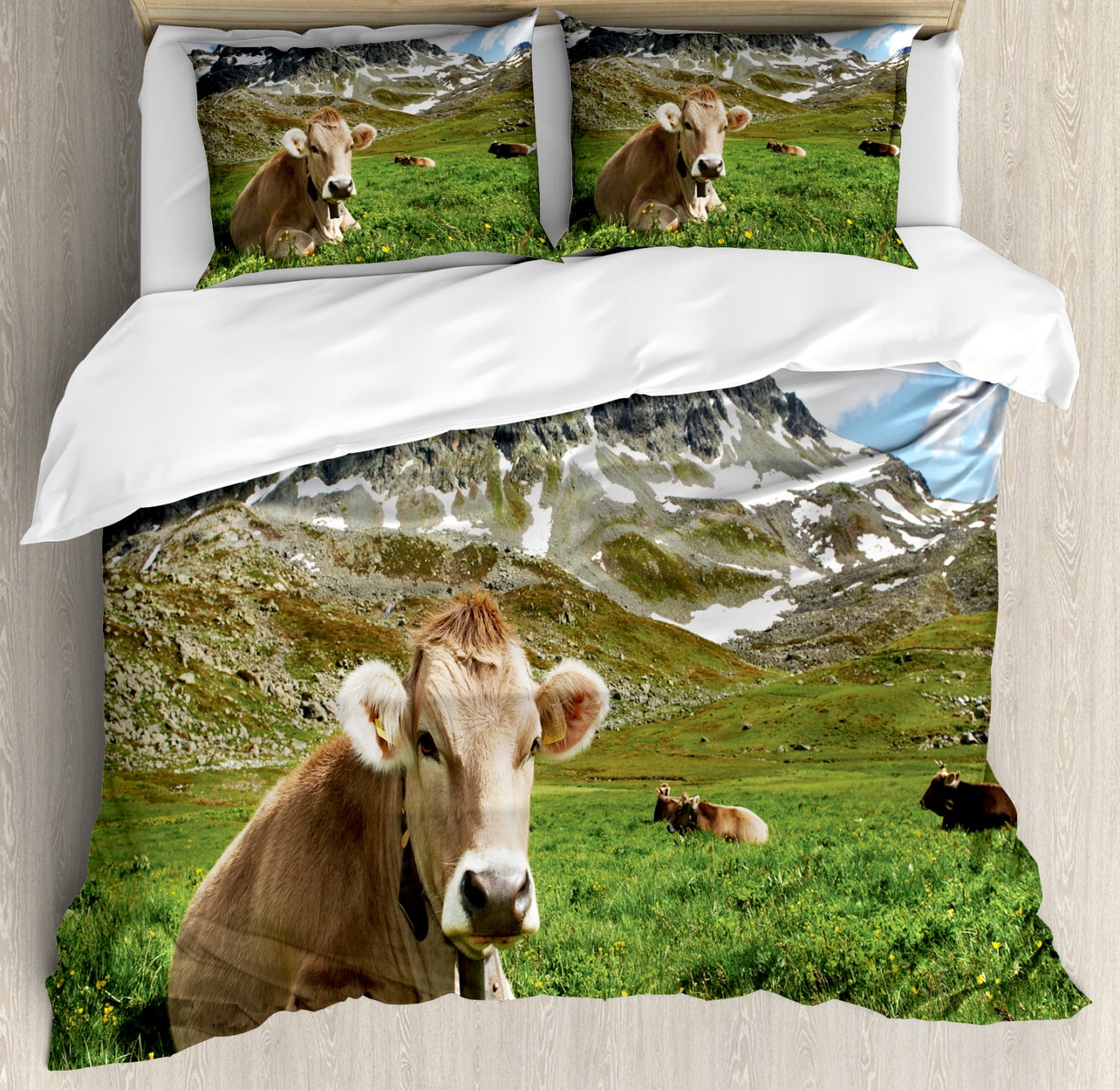 Cattle Queen Size Duvet Cover Set, Milk Cows Laying and Relaxing on Green Meadows of Snowy
