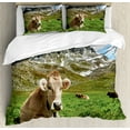 thumbnail image 1 of Cattle Queen Size Duvet Cover Set, Milk Cows Laying and Relaxing on Green Meadows of Snowy Alpine Mountains Landscape, Decorative 3 Piece Bedding Set with 2 Pillow Shams, Multicolor, by Ambesonne, 1 of 3