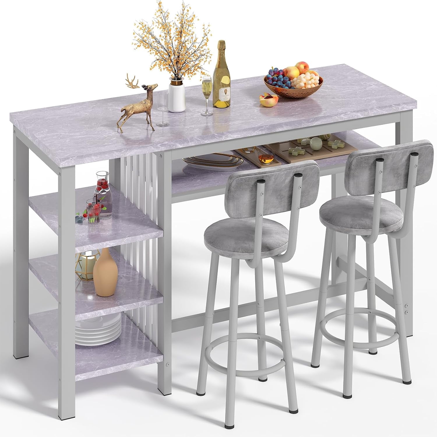 Cvortll Bar Table and Chairs Set, Kitchen Counter with 3 Tier Storage Shelves,3-Piece Faux Marble Table with 2 PU Cushion Bar Stools for Home & Kitchen,Grey
