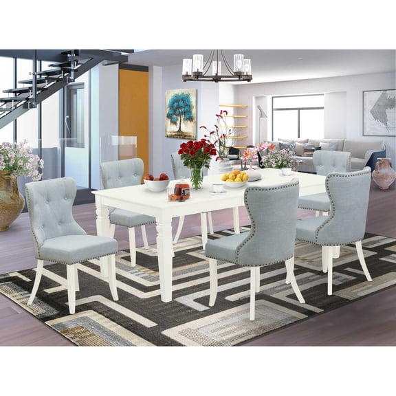 East West Furniture East-West Furniture LGSI7-LWH-15 - A dining room table set of 6 great dining chairs with Linen Fabric Baby Blue color and a wonderful 18 butterfly leaf rectangle dining room...